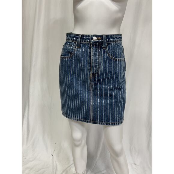 Alexander Wang 'Pinstripe' Blue Crystal Embellished Denim Mini-Skirt Size 2 - Picture 2 of 5